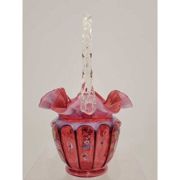 Fenton Art Glass Cranberry Opalescent Open Heart Arches BILL & GEORGE Basket - Picture 2 of 11